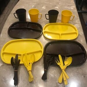 Basketville Plastic Picnic Set 4 Plates Cups Utensils Brown Yellow NO BASKET